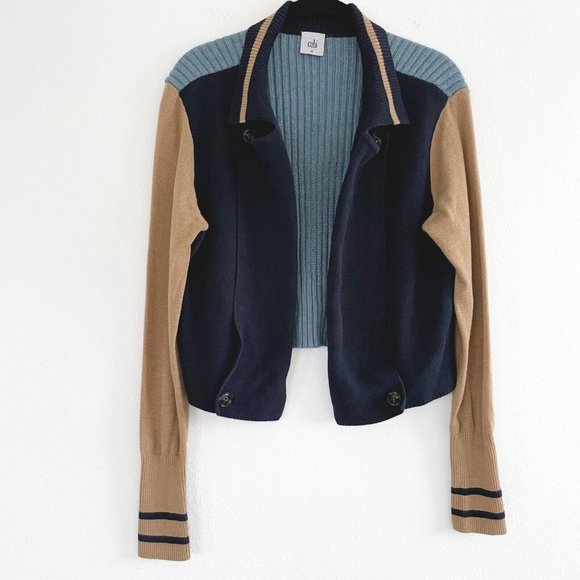 Cabi Turn Back Cardigan Sweater Open Front Medium Academia Navy Tan Chunky Knit - Picture 2 of 16